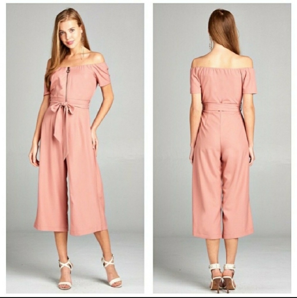 Pink Off Shoulder Wide Leg Jumpsuit